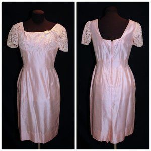 VTG Pink Polished Cotton & Lace Sheath Dress S/M